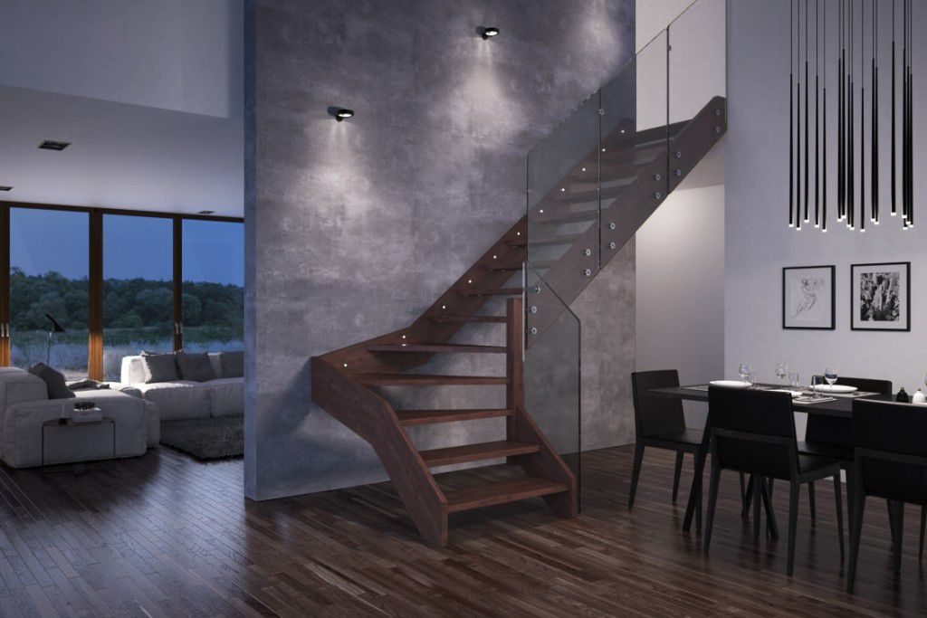 Escalera minimalista de madera con barandilla de cristal