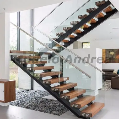 escalera recta moderna de madera con doble viga