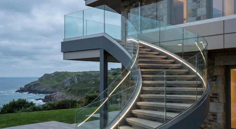 Escalera de caracol de diseño para exterior con peldaños de piedra y barandilla de vidrio curvo fabricada por Escaldecor